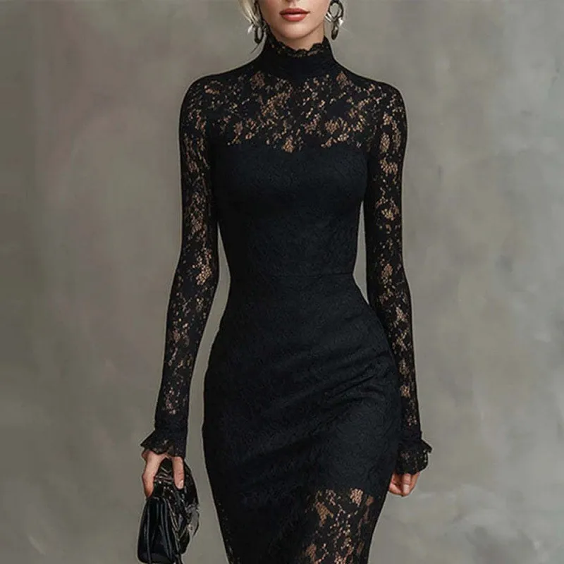 Long Sleeve Dress High Waist Straight Elegant with Asymmetrical Private Luxury Bodycon Pullover Plant Floral Dress for Women