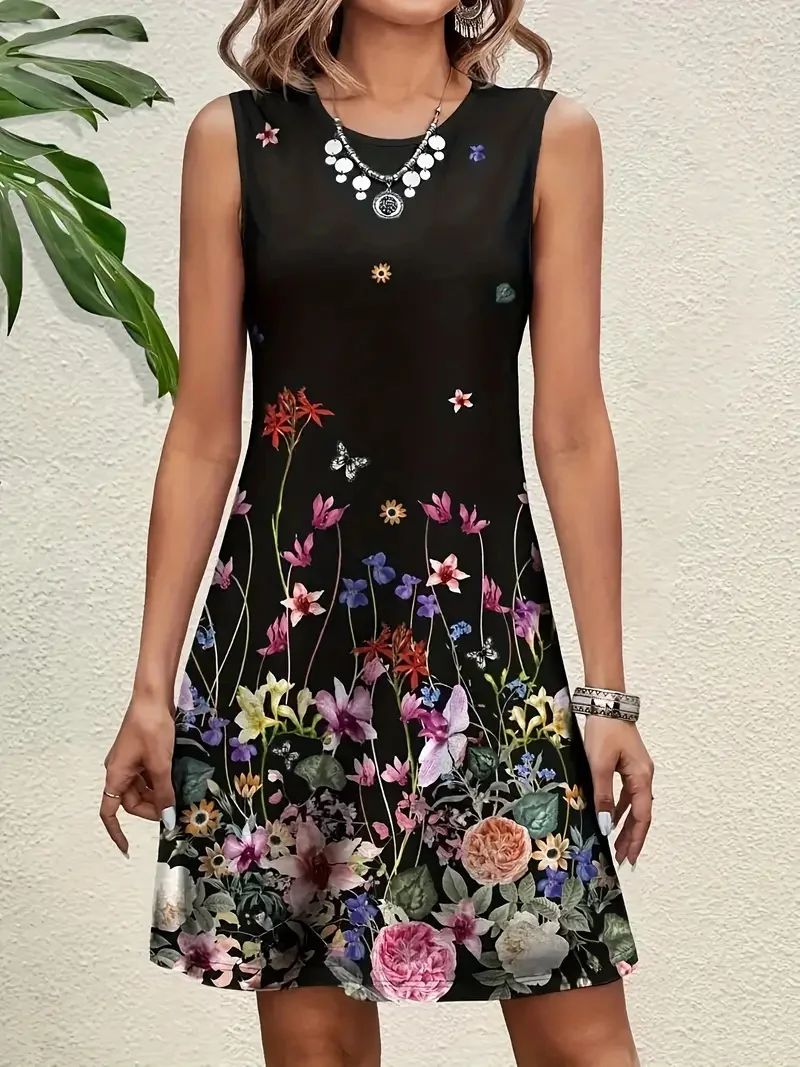 Summer Simple Colorful Floral Print Sleeveless Vest Dress Spring And Summer Vacation Style Sleeveless Suspender Dress For Women