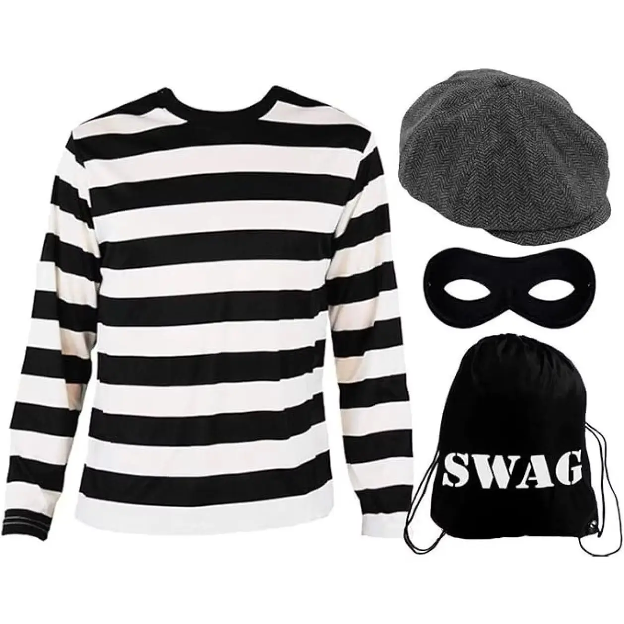 Adults Burglar Costume - Striped T-Shirt, Grey Flat Cap, Black Eye Mask & Swag Bag - World Book Day Fancy Dress