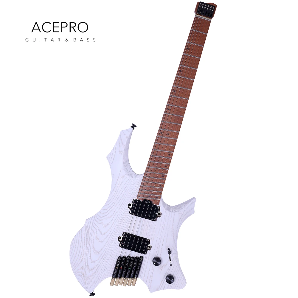 Satin White Headless Electric Guitar, Jumbo Stainless Steel Oblique Frets,Ash Body, Roasted Maple Neck,Reinforcement in the Neck