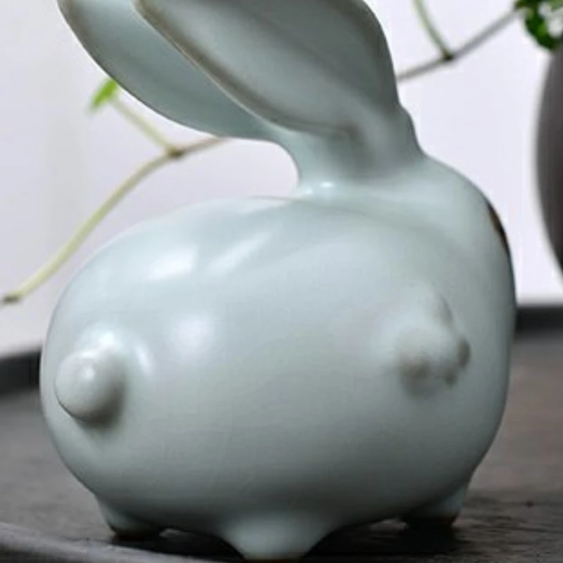 New Year Rabbit Tea Pet Ornaments, Fine and Cultivable Cracking Auspicious Sculptures, Ru Kiln Tea Sets, Tea Tray Ornaments