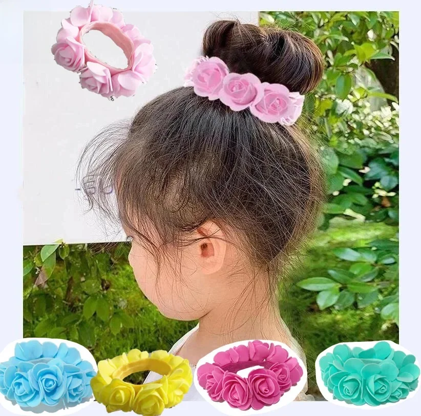 1 sztuk/2 sztuk Rose Flower gumki posiadacze włosów Tie Gum tkaniny wieńce korony elastyczne wieniec korona ślub Garland pałąk — zdjęcie 2