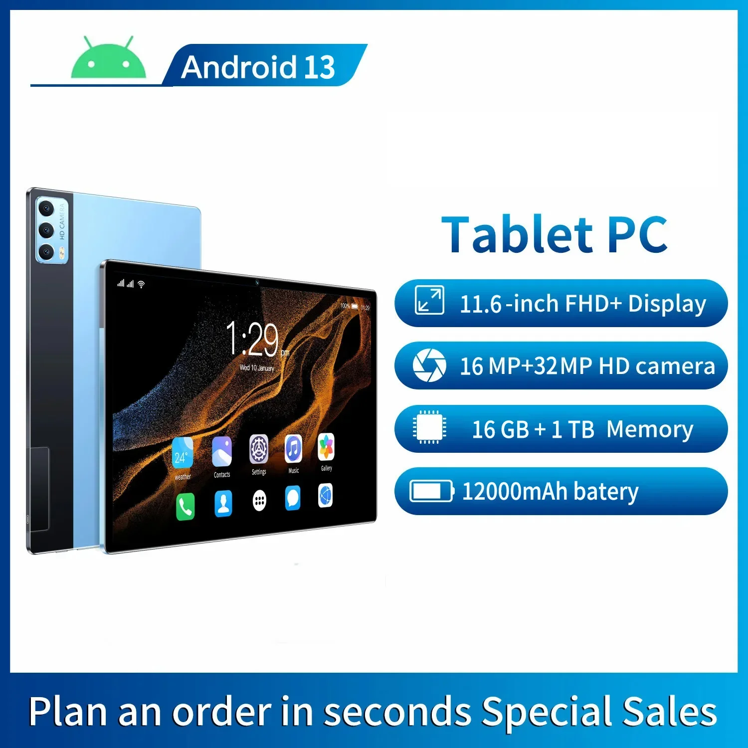 2024 Global Version Tablet 11.6 Inch Android 13 Tablet Deca Core 16GB+1TB ROM 5G Phone Call Bluetooth Wi-Fi Tablet Pc