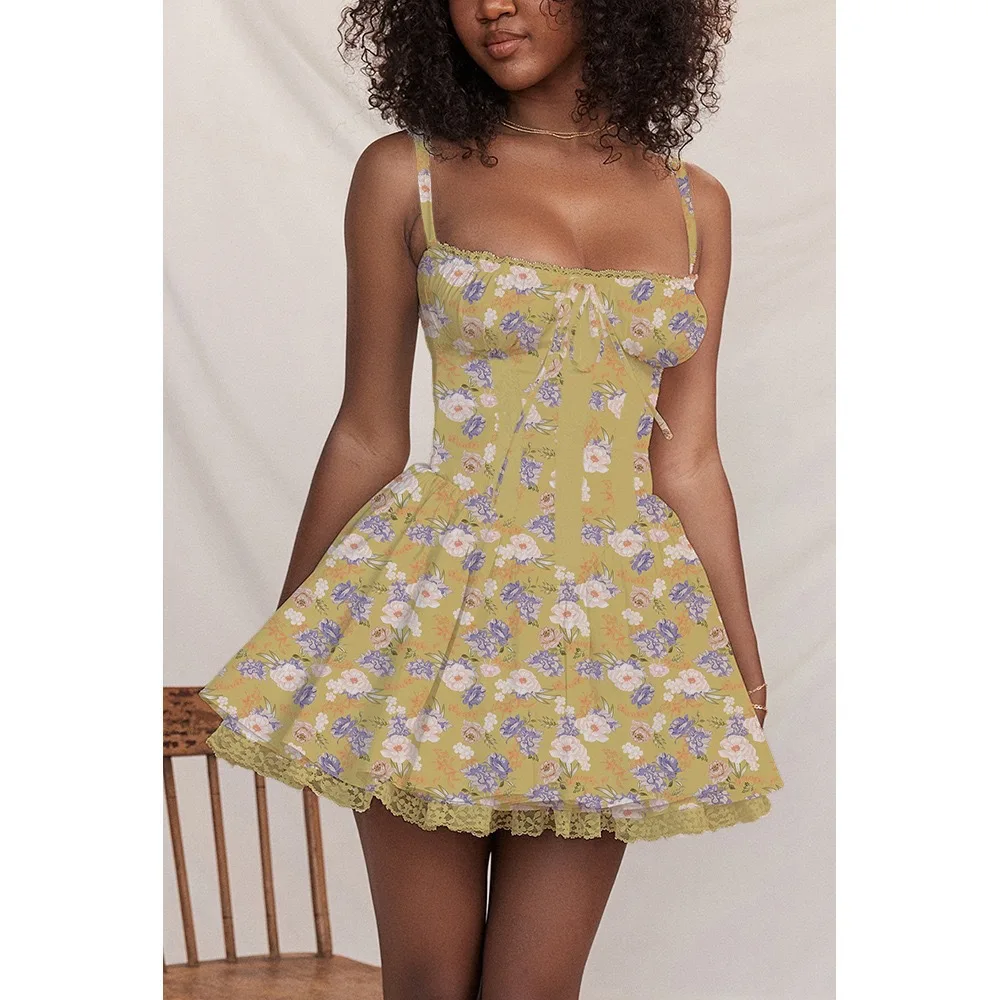 Elegante bloemcorset mini-zonnejurk dames hoge taille A-lijn zon korte jurken Y2K vrouwelijk casual 2025, zomer wit geel blauw - afbeelding 1