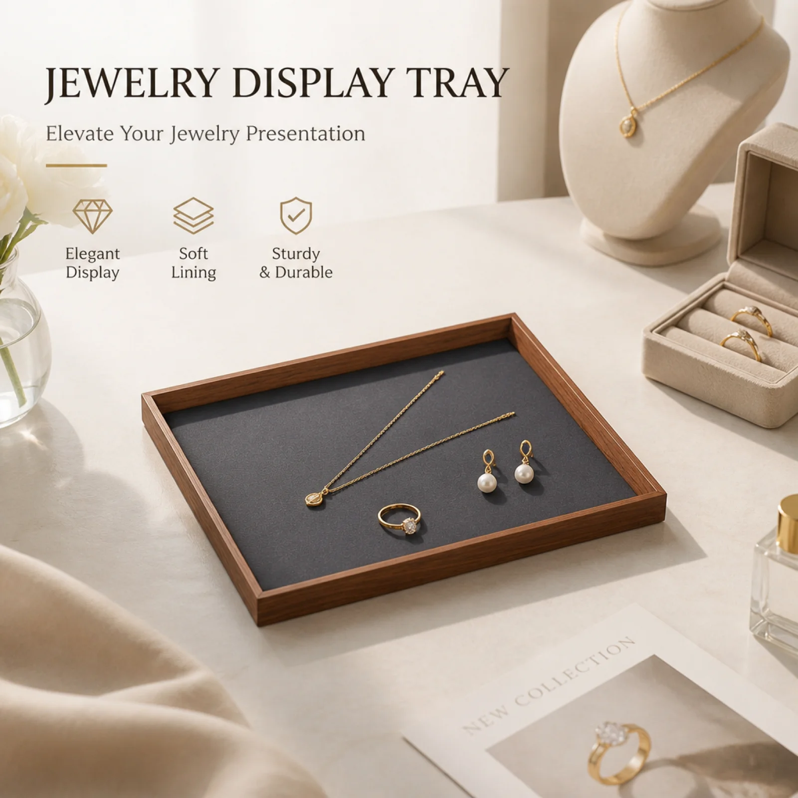 wooden Jewelry Display Tray Minimalist Wooden Jewelry Tray Showcase organizer Platter for Rings Earrings Necklace Bracelet, Pho