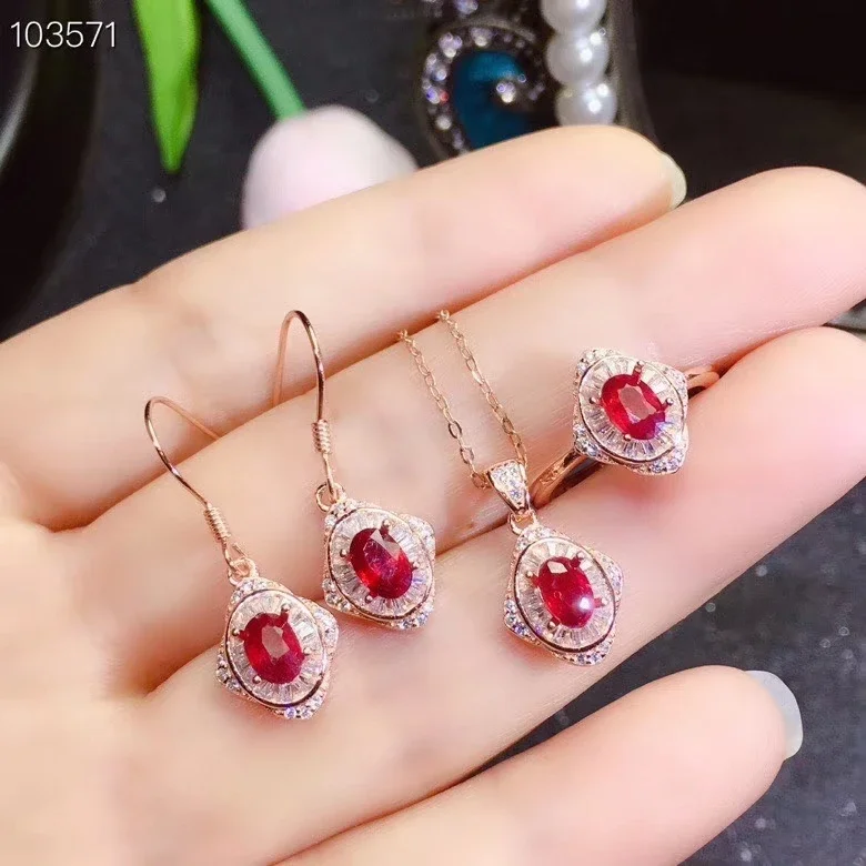 

KJJEAXCMY Jewelry Girls' Natural 4x6mm Ruby Necklace Pendant Ring Earrings 3-Piece Set 925 Pure Silver Plated Rose Gold Gift for