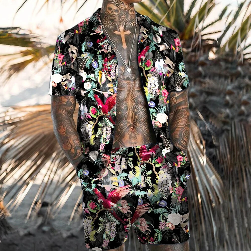 Men Shirt Sets 3d Print Retro Ethnic Style Floral Short Sleeve Casual Oversized Beach Shorts Summer Streetwear Hawaiian Suits