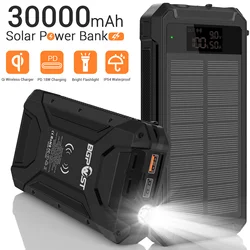 BgPD-ワイヤレス充電器付きソーラーパワーバンク,2 in 1, 30000mAh,クイックチャージ,懐中電灯付きqiソーラー,防水,ポータブル