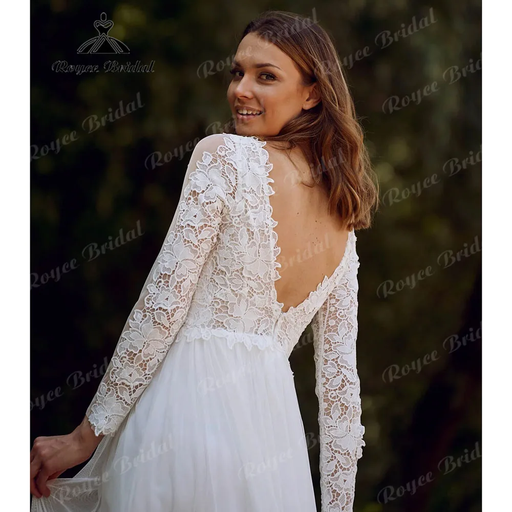 Rustic V Neck Lace Long Sleeve Outddor Garden Wedding Dress for Bride 2024 Backless Wedding Party Gown vestidos elegantes para m