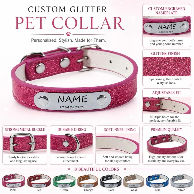 Collar personalizado PU reflectante ajustable para perros y gatos