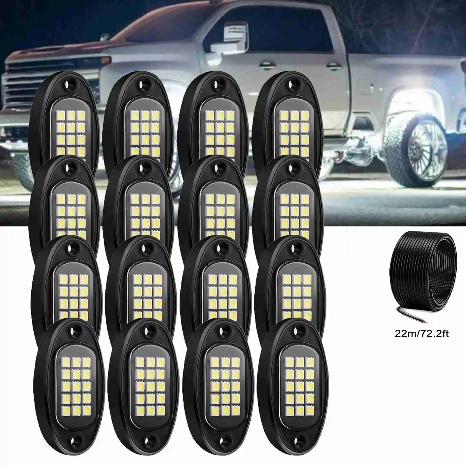 6000K Pure White LED Rock Lights Kit, 16 Pods, with Extension Wires, ATV/UTV/SUV Offroad Truck Accessories for Underglow Lighting