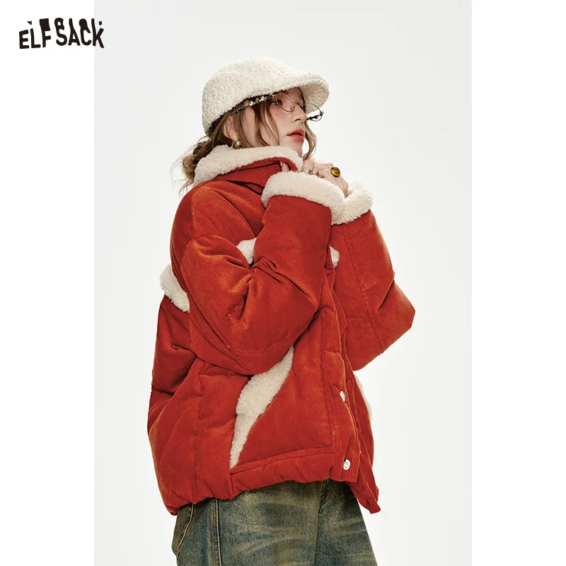 ELFSACK 2024 Winter New Arrivals New Year white plush stitching red down jacket women