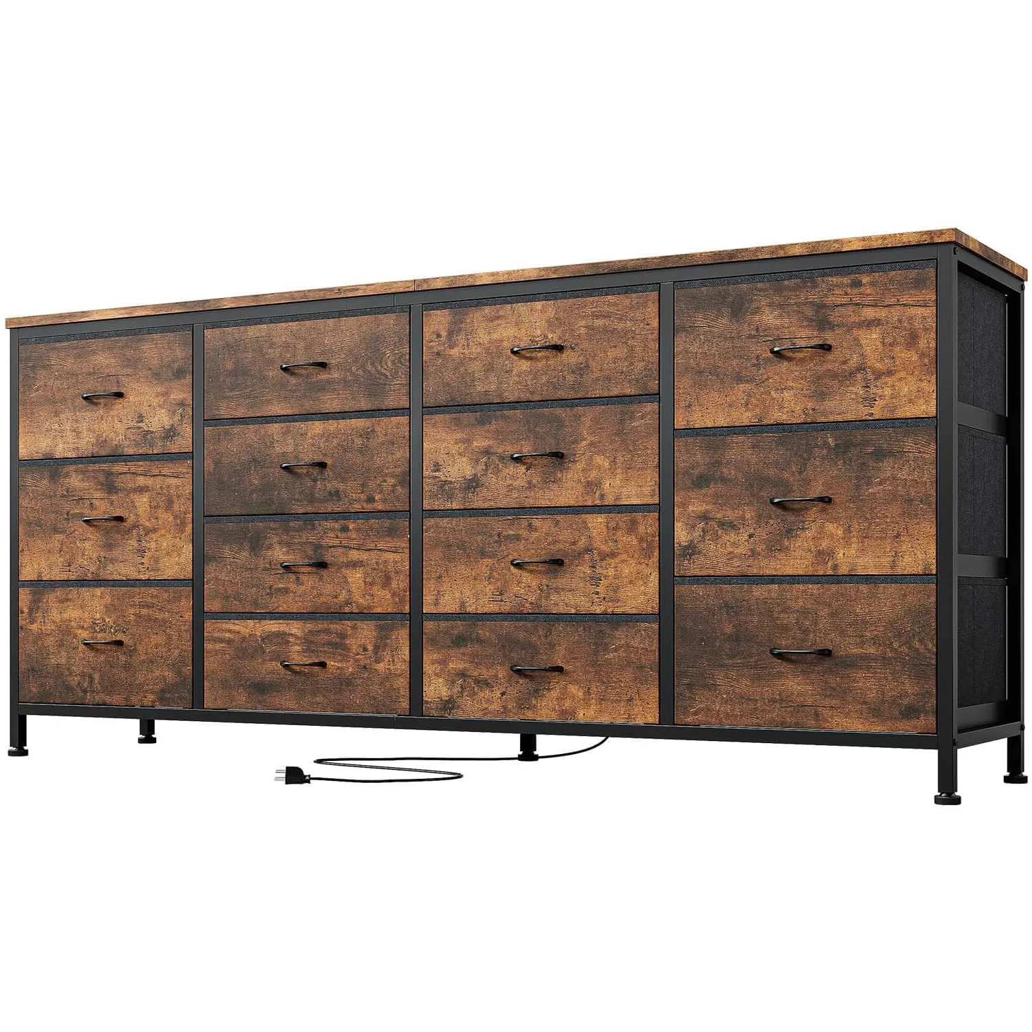 Platzsparende TV-Kommode, 14-Schubladen-Stoffkommode mit Steckdosen, Metallgestell, moderne Aufbewahrungsmöbel für Schlafzimmer, Wohnzimmer, Kinderzimmer, 160 x 35 x 75 cm
