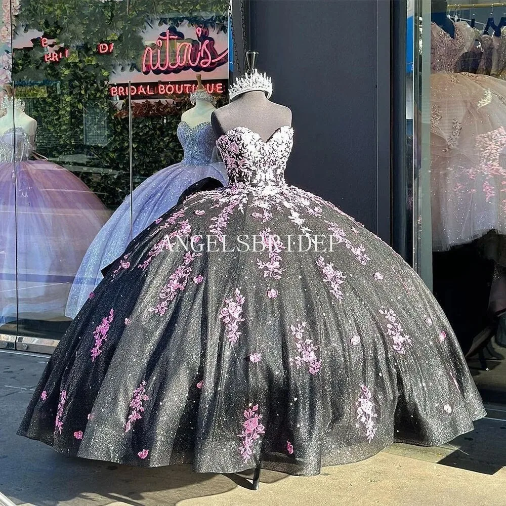 Angelsbridep Sparkling Black Ball Gown Vestido De 15 Años Quinceanera Dresses Pink Appliques Sequined Lace Up Girls Party