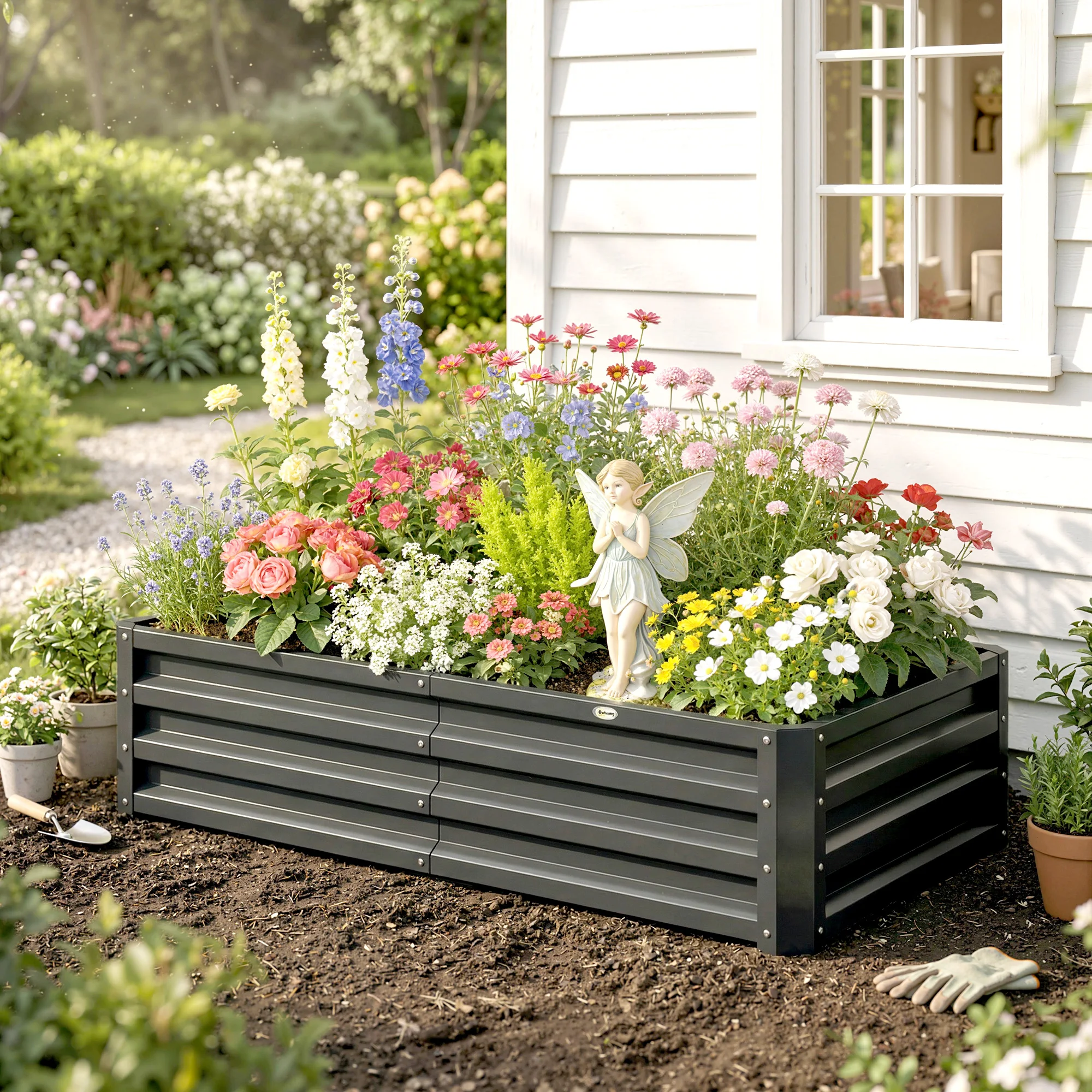Bac à plantes surélevé en acier galvanisé à lattes horizontales noires, bac de culture de légumes surélevé, fournitures de jardinage, accessoires de jardin, grands pots de plantes en métal résistants aux intempéries pour la plantation de fleurs, d'herbes aromatiques dans la cour, le patio, la pelouse, la décoration.
