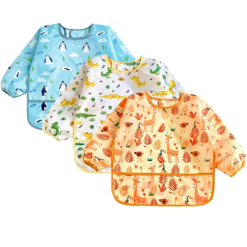 Bavoirs pour bébés filles et garçons, dessin animé, manches longues, imperméable, réglable, tissu d'alimentation, peinture Smock, tablier de repas pour tout-petits