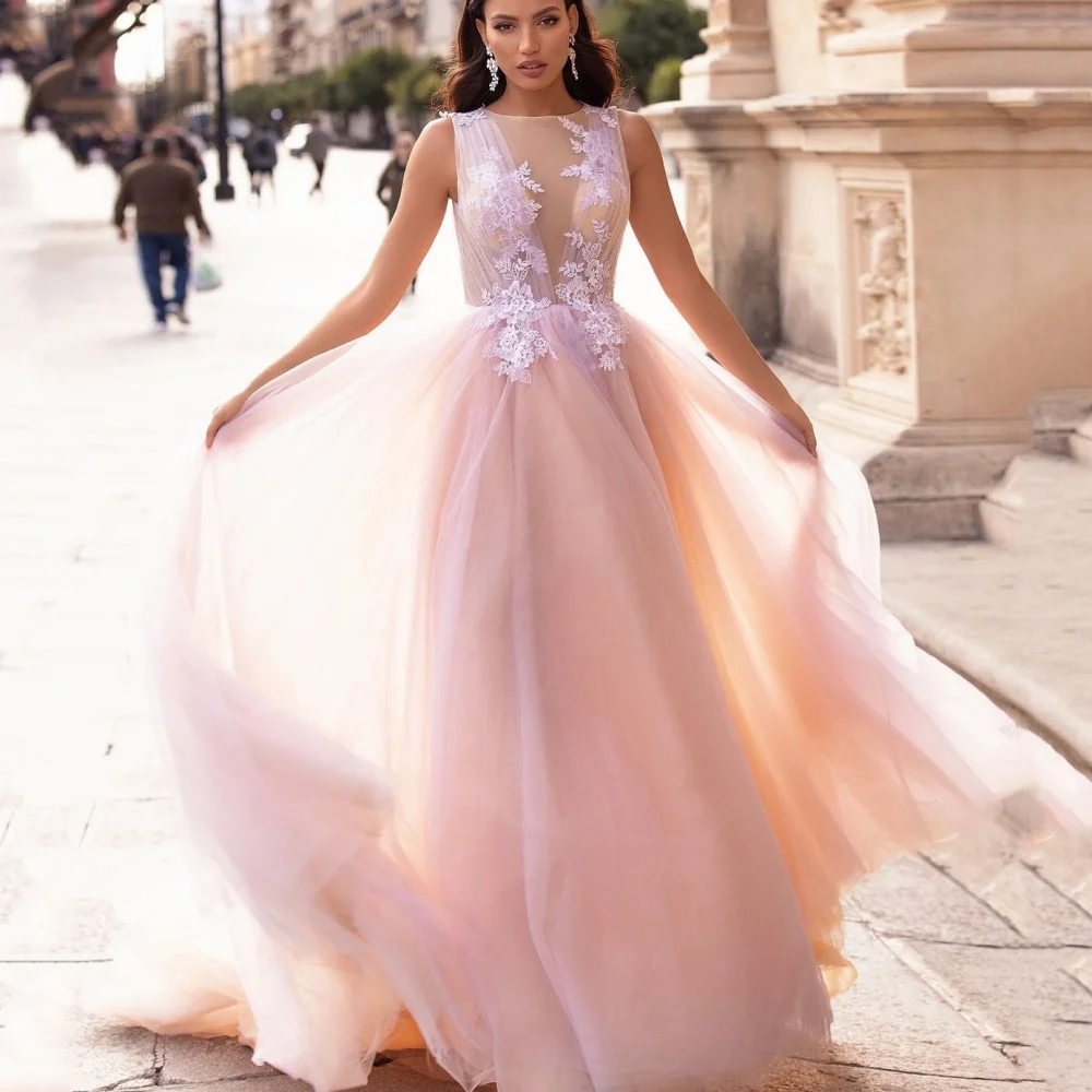 Customized Elegant A Line Prom Dresses Pink O Neck Tulle Party Gowns Tank Applique Illusion Evening Dress New Vestido