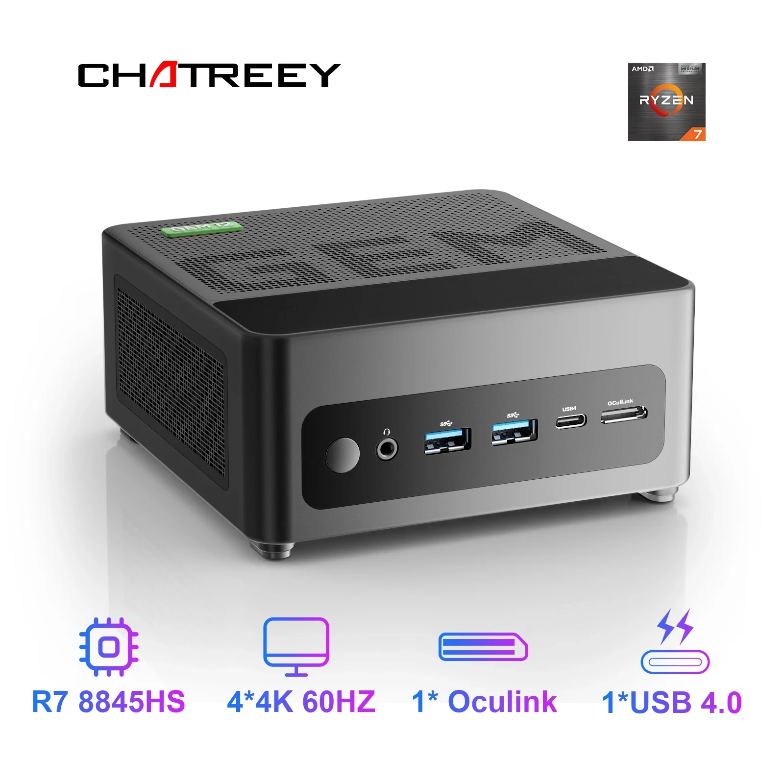 

Chatreey GEM Mini PC R7 8845HS 7840HS 780M R9 6900HX 680M Gaming Desktop Computer with WiFi 6/Bluetooth 5.2/OCuiLink/HDMI/USB 4
