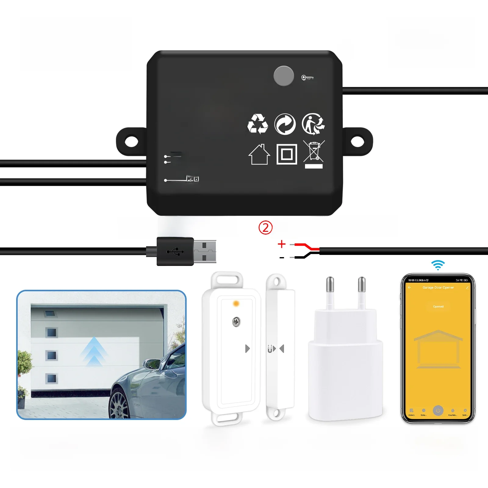 QCSMART Tuya inteligentne życie drzwi garażowe otwieracz czujnik bezprzewodowy kontroler suche kontakty ładowarka USB pilot zdalnego sterowania Google Home Alexa — zdjęcie produktu 7
