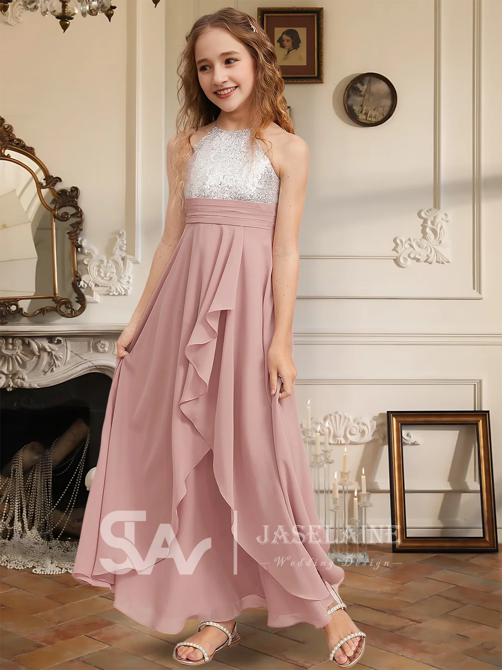 A Elegant A Line Halter Floor Length Chiffon Sequin Junior Bridesmaid Dress Flower Girl Dress Girls Party Wedding Formal Special
