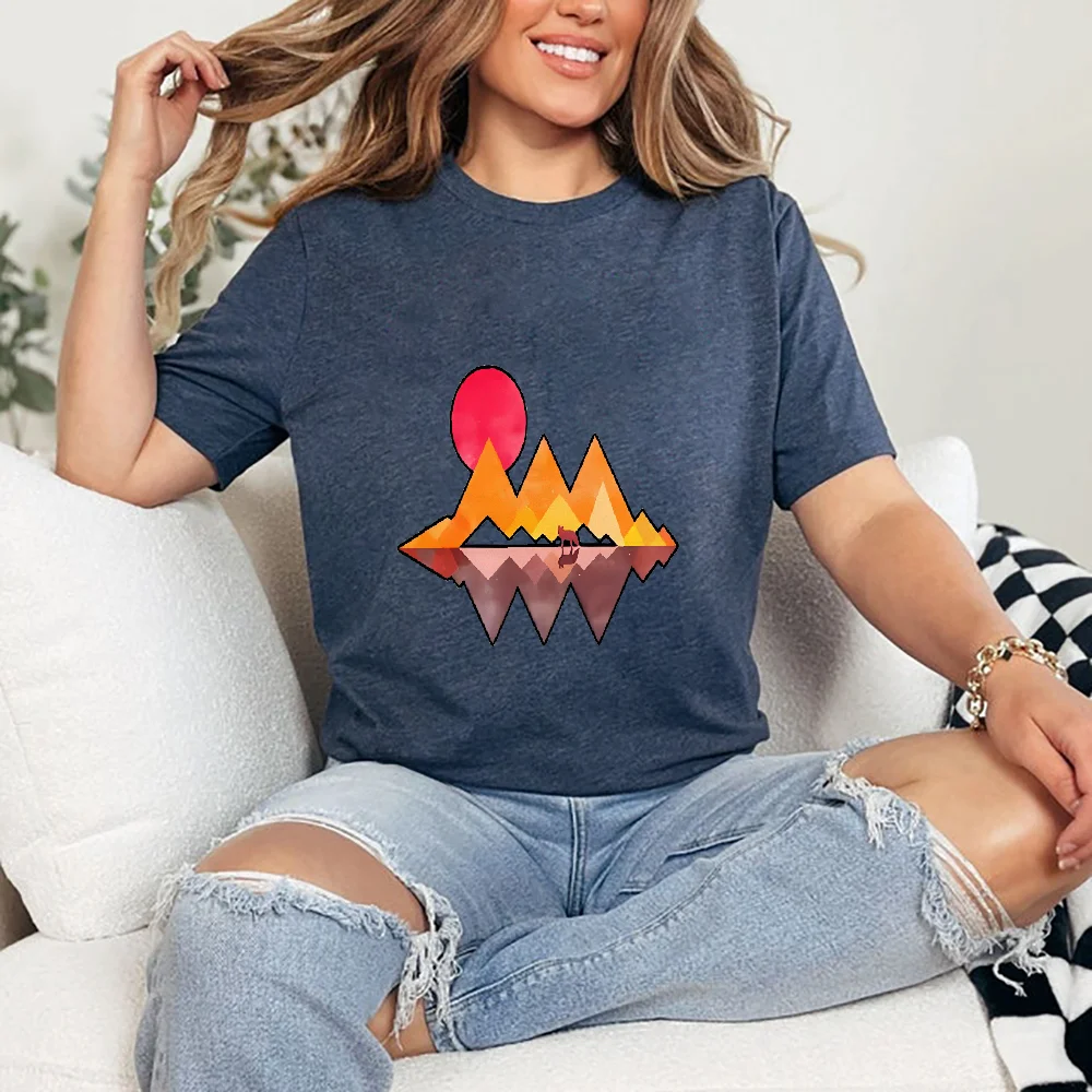 

Red Sun and Mountain Printed Short Sleeve Round Neck Top Comfortable T-shirt Casual Daily Fashion Women's Summer Clothing