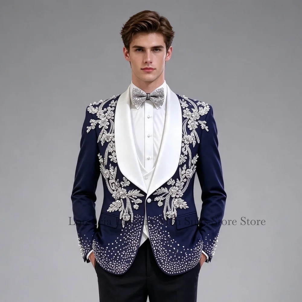 Customized Luxury Sequin Applique Men Suit For Prom Groom Gem Corset Male Wedding Party Simple Blazer 3 Pieces Sets Tuxedos Slim