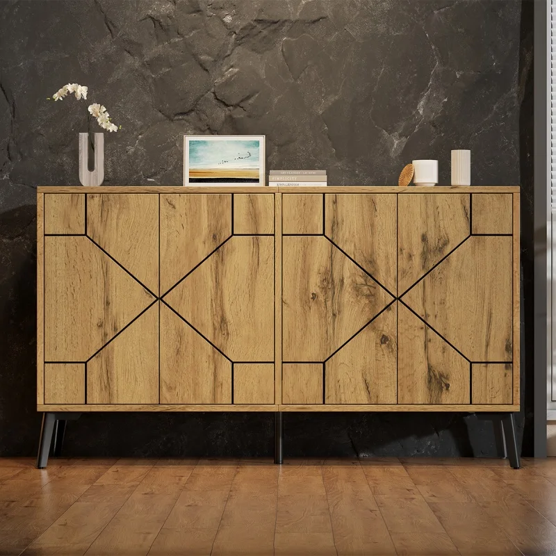 Commode à tiroirs à motif ondulé, 4 portes, mécanisme Bender, armoire en MDF, 120 × 35 × 69 cm, capacité de charge 50 kg, couleur bois, pour salle à manger, salon, bureau, cuisine