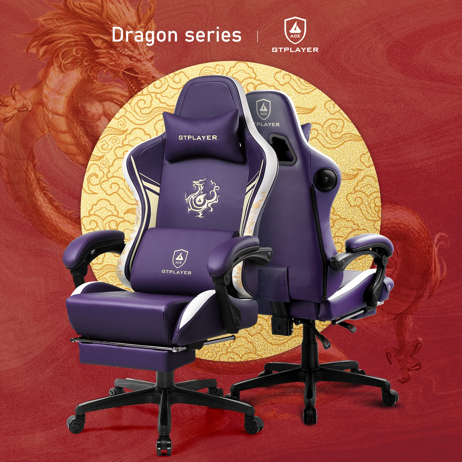 Sedia da gioco con altoparlanti Bluetooth, poggiapiedi e design ergonomico, videogiochi serie Dragon e sedia da ufficio