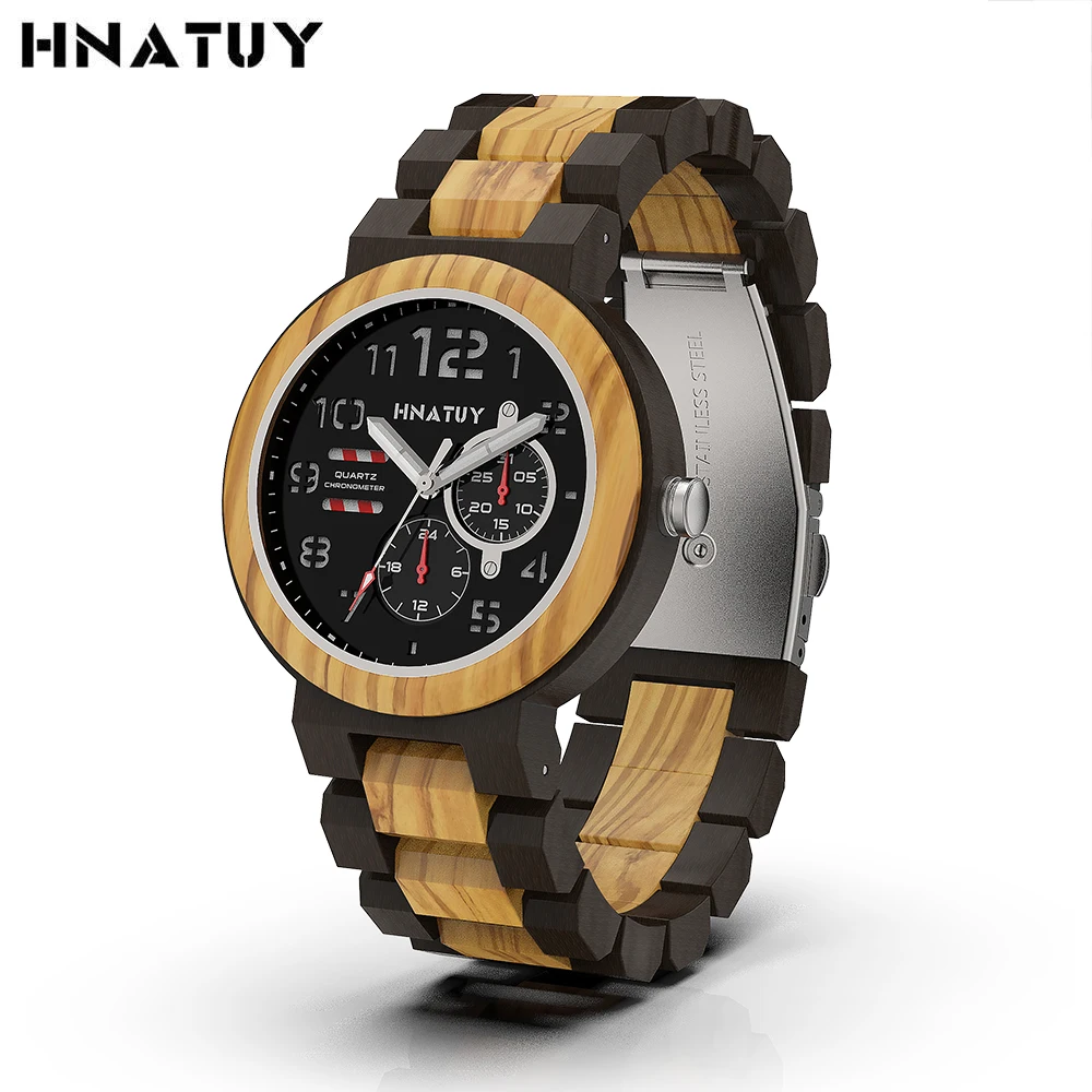 

HNATUY Wooden Watch relogio masculino Fashion & Casual Men Wristwatch Top Brand Quartz Watches Luxuri Timepiece Man Clock Gift