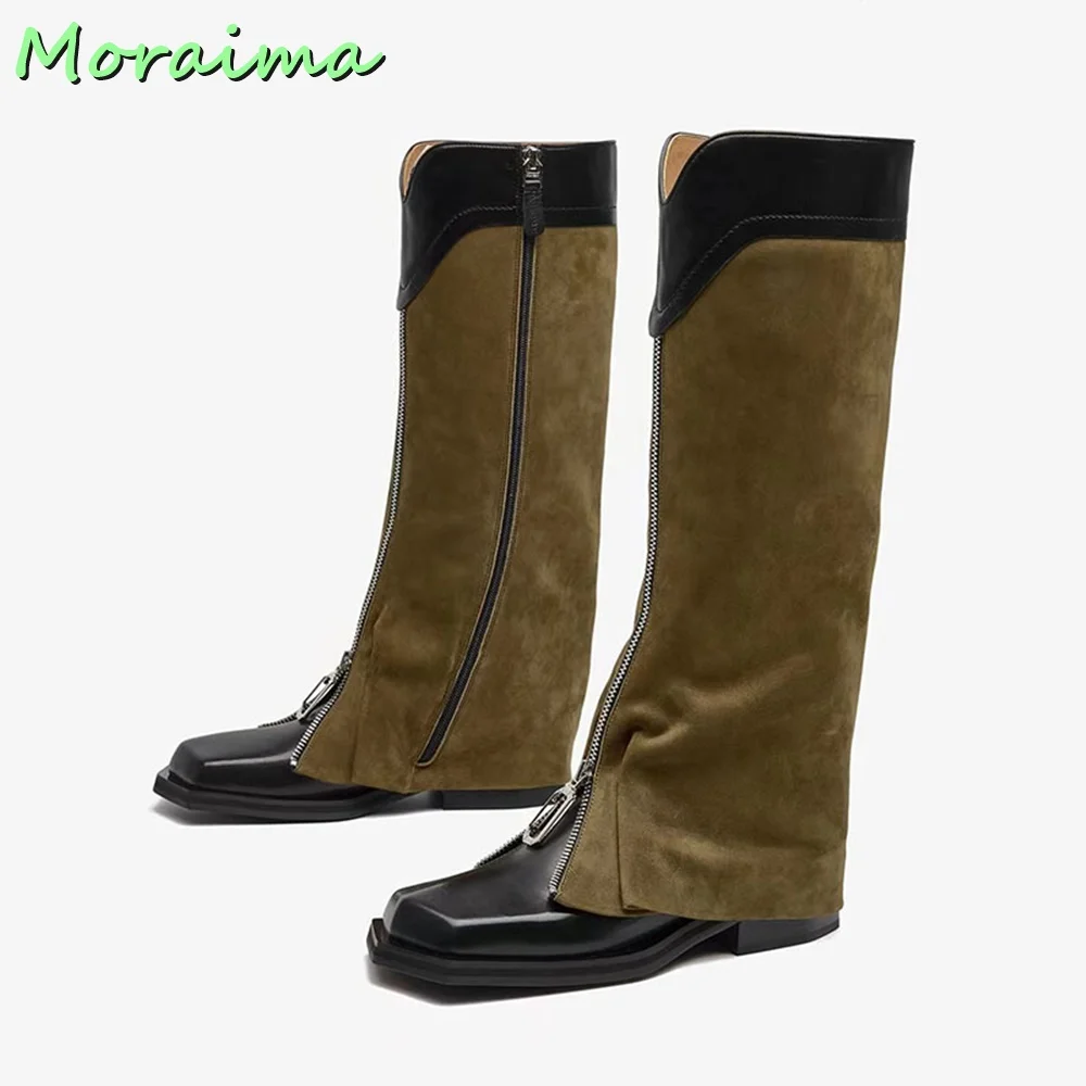 

Front Zip Patchwork Knee-High Boots Square Toe Mixed Colors Block Chunky Heel Side Zipper Autumn Winter Women Shoes Fashion 2022