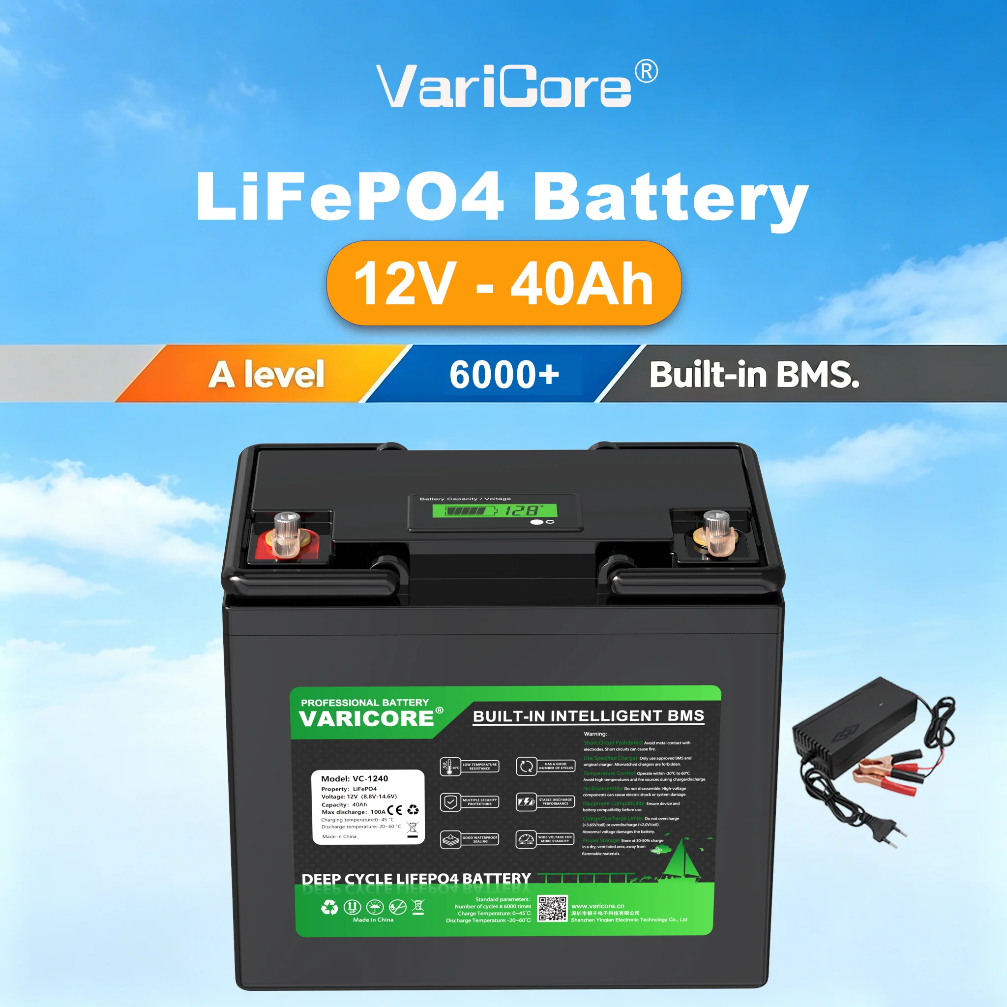 Batteria ricaricabile LiFePO4 12V 40Ah, pacco batterie al litio ferro fosfato con sistema di gestione della batteria (BMS) integrato e celle di grado A per cicli profondi, ideale per sistemi solari