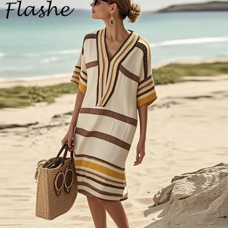 Abito stampato vintage da donna estivo casual mezza manica abiti da vacanza al mare per le donne abiti da pendolarismo larghi con scollo a V Boho