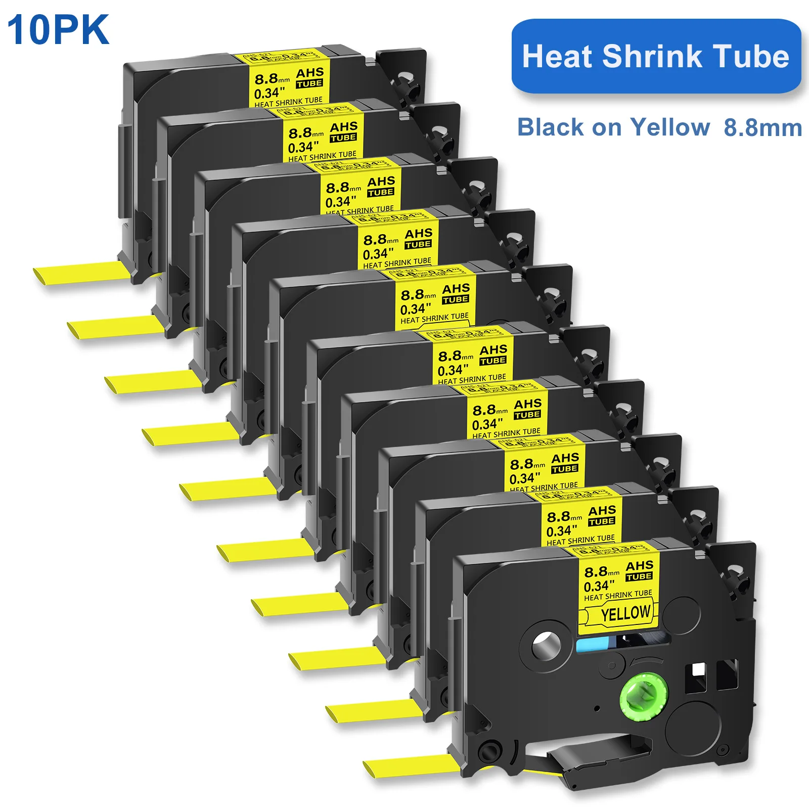 

10PK Heat Shrink Tube Label Compatible for Brother P-Touch HS HSe-621 Printers 8.8mm Black on Yellow for Cable Identification