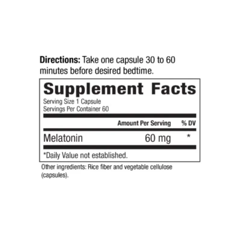 الميلاتونين 60 ملغ |   الميلاتونين عالي الجرعة في كبسولات سهلة السلع |   نباتي، غير وراثيًا وراثيًا وخاليًا من الجلوتين