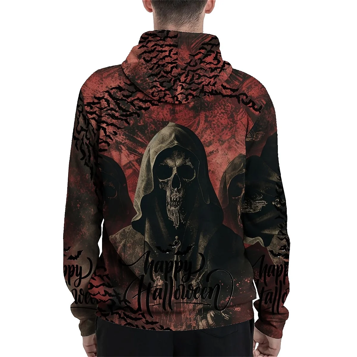 SONSPEE unisex hoodie with long sleeves and a 3D frightening skull graphic. Combines street style with a chilling autumn design.