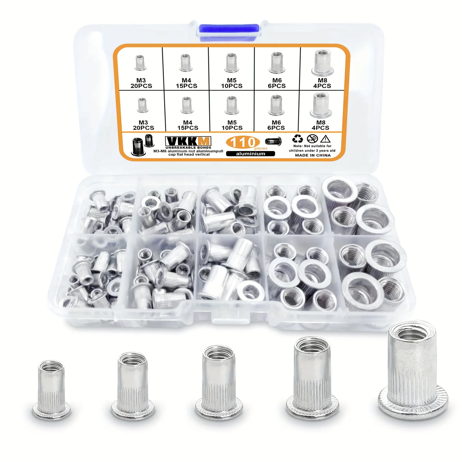 VKKM 110 pcs Aluminum Alloy Rivet Nut Set, M3 M4 M5 M6 M8 Flat Head Threaded Rivnuts/Insert Nutserts Assortment Kit