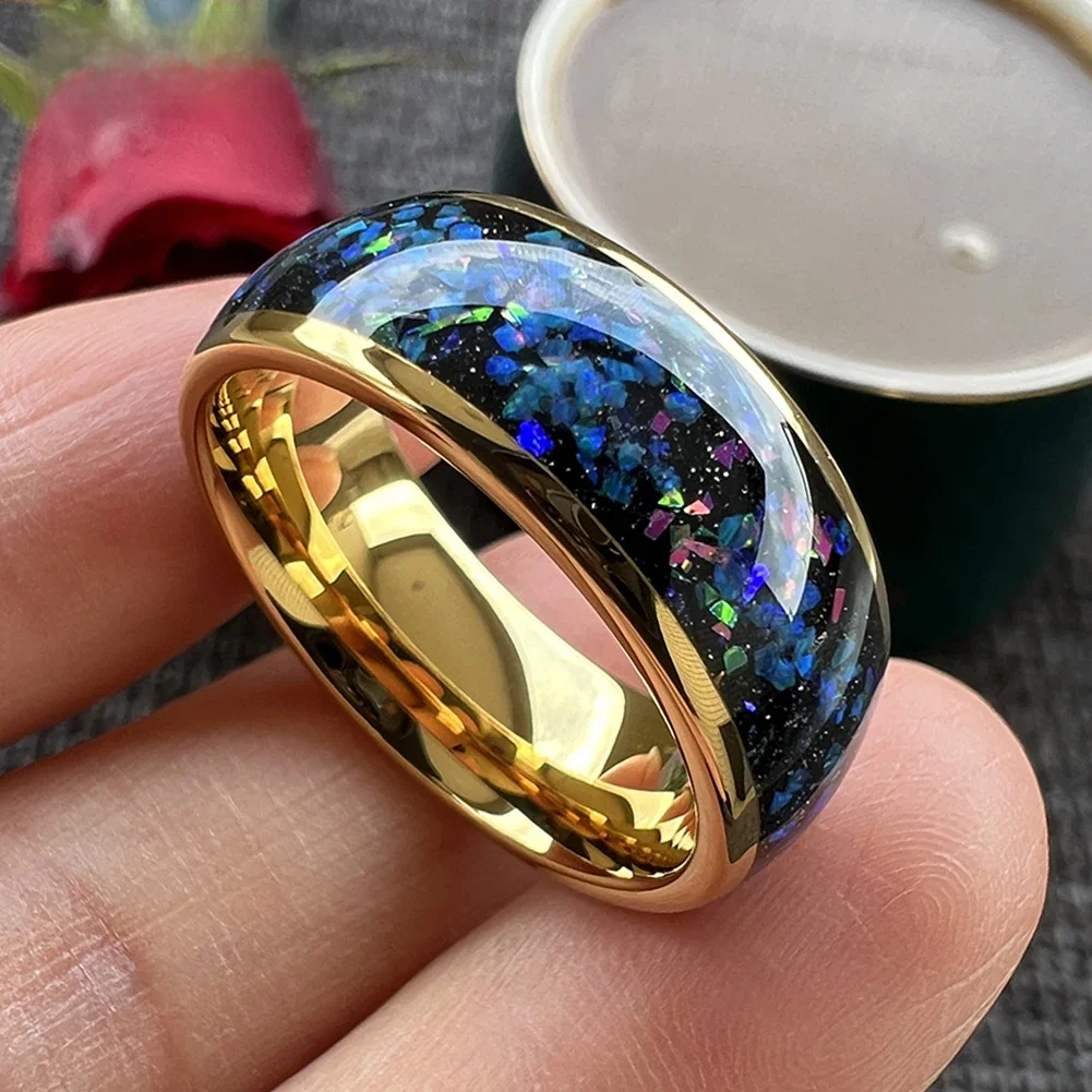 Dropshipping TUSSTEN 8MM tak piękny Galaxy Opal pierścień wolframu zaręczynowy obrączka dla mężczyzn kobiety Comfort Fit — zdjęcie 2