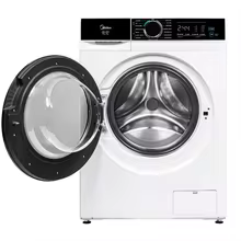 Lava e Seca Midea 11kg com a porta de carregamento frontal aberta mostrando o cesto interno em aço inox