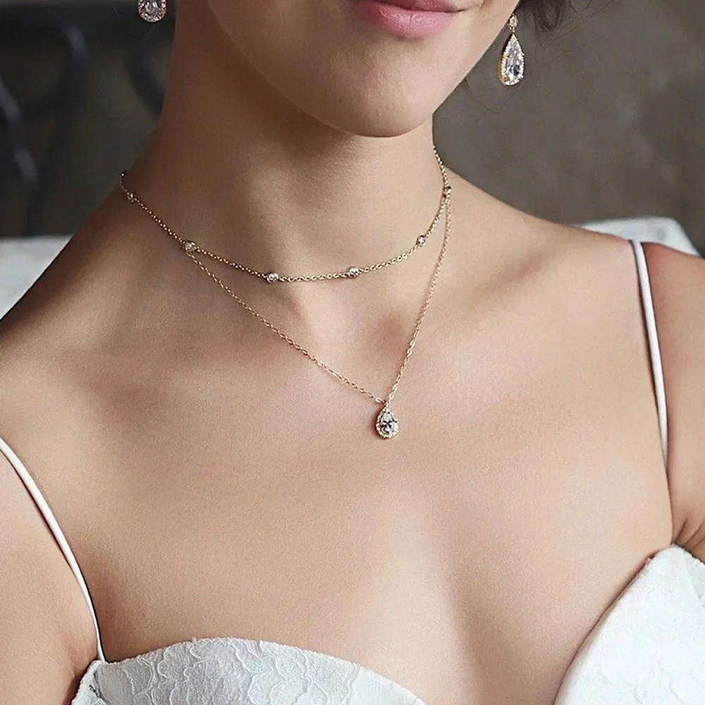 Fashion Water Drop Zircon Bridal Back Necklace Body for Women Wedding Accessories Bling Crystal Back Chain Dress Jewelry Gift