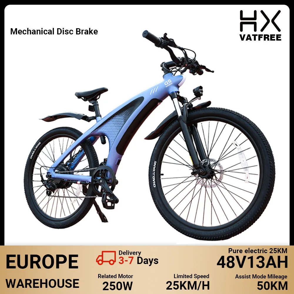 HX Q5 elektrische fiets voor volwassenen, met koppelregelaar, 250W motor, 85Nm, 48V, 20Ah, uitneembare accu, 27,5x2,25 inch, geschikt voor zowel berg- als stadsgebruik.