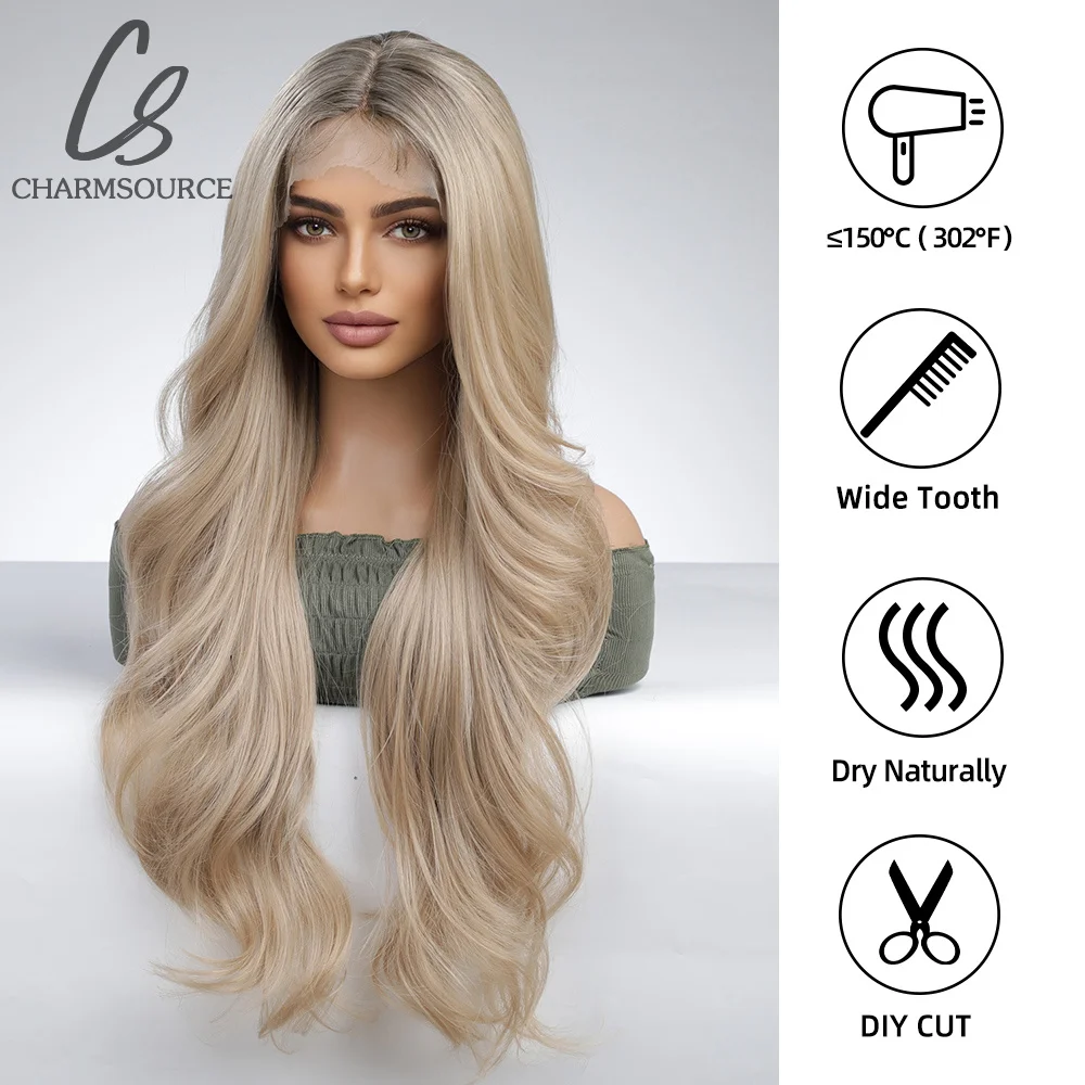 CharmSource Brown Blonde Long Wave Wigs Synthetic Lace Front Wig for Women Hair Party Daily High Quality High Density