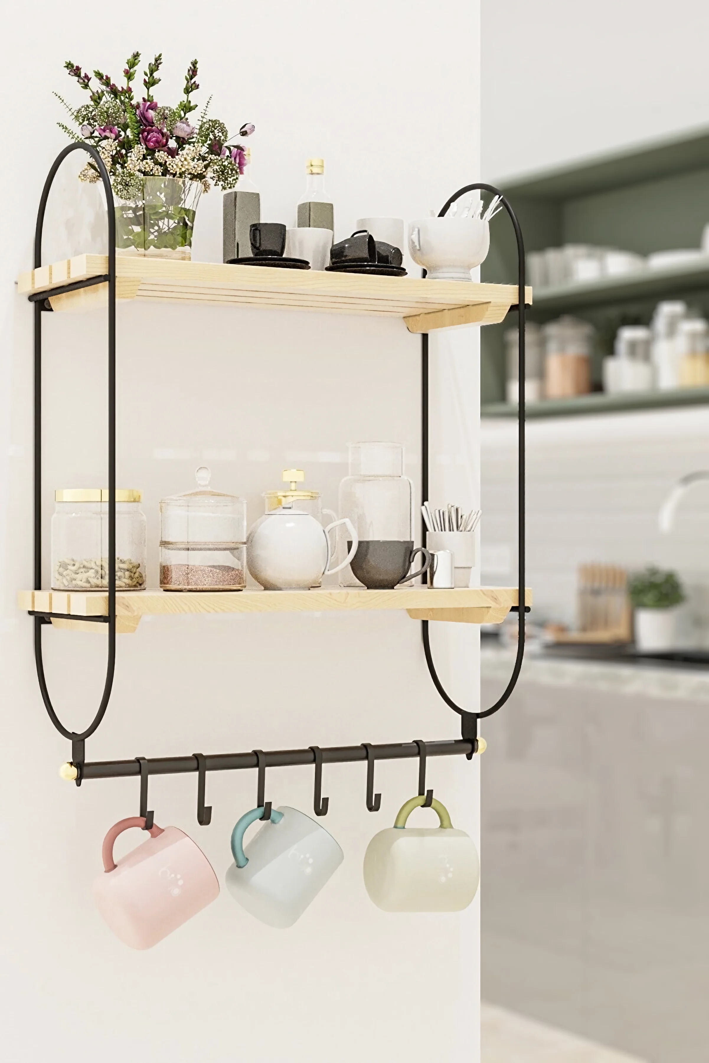 

Kitchen Rack Cup Strap Coffee cup Mug Hanger Düzenleyici 6 Hook Wood Rack Organizeri The Bathroom Organizer is Shelf Towel Rack
