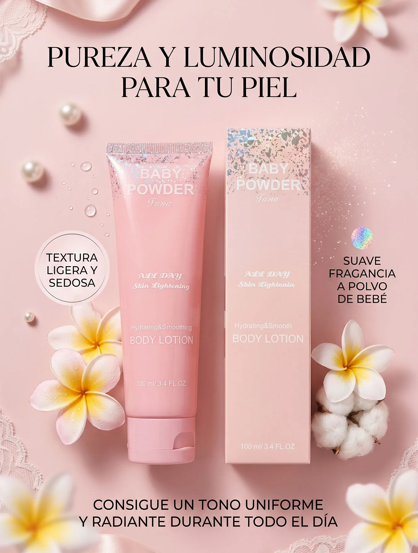 Crema Corporal Luenco Baby Powder Aroma Polvo de Bebé 100ml Hidratante con Efecto Aclarante y Brillo Radiante Loción Suave de Rápida Absorción para Piel Sedosa y Luminosa Todo el Día Fragancia de Limpieza Profunda