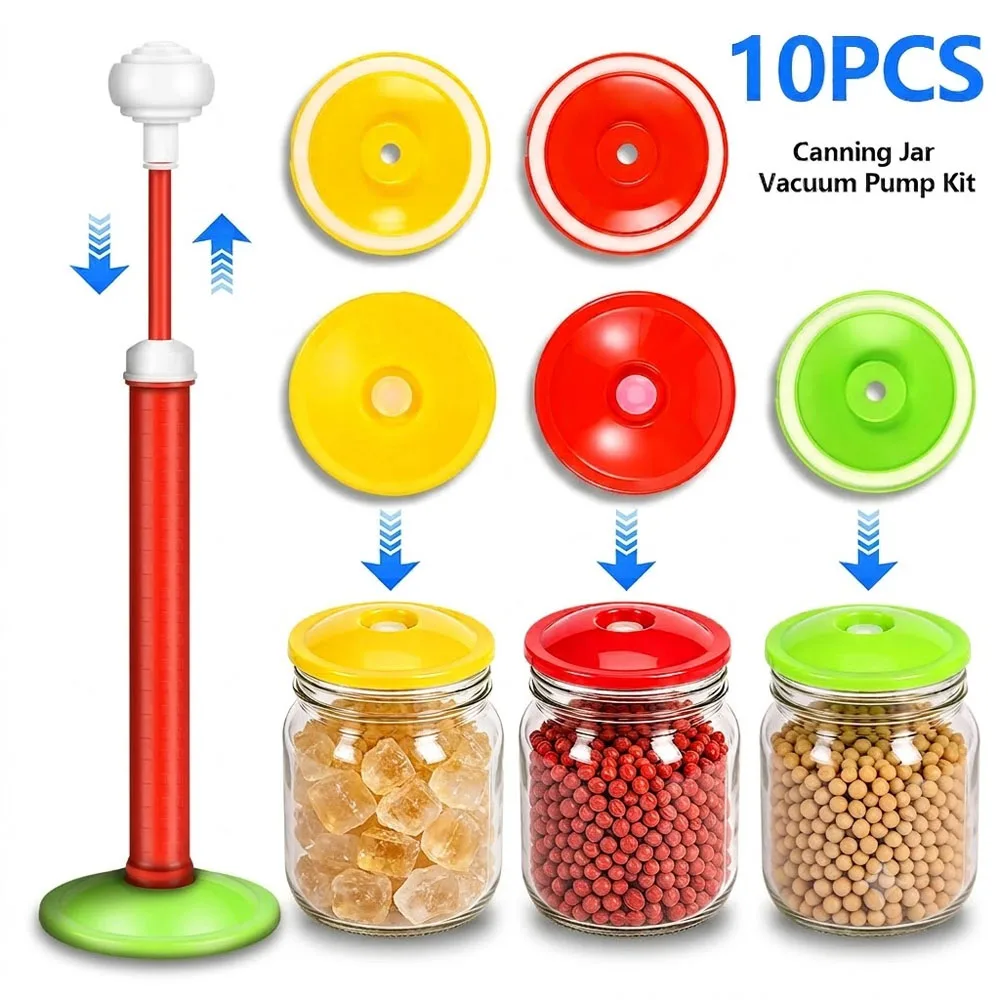 10-teiliges Einmachglas-Vakuumpumpen-Set, Farblich Sortierte Vakuumverschluss-Deckel mit Vakuumpumpe, Wiederverwendbare Einmachglas-Versiegelungsabdeckung für Zuhause