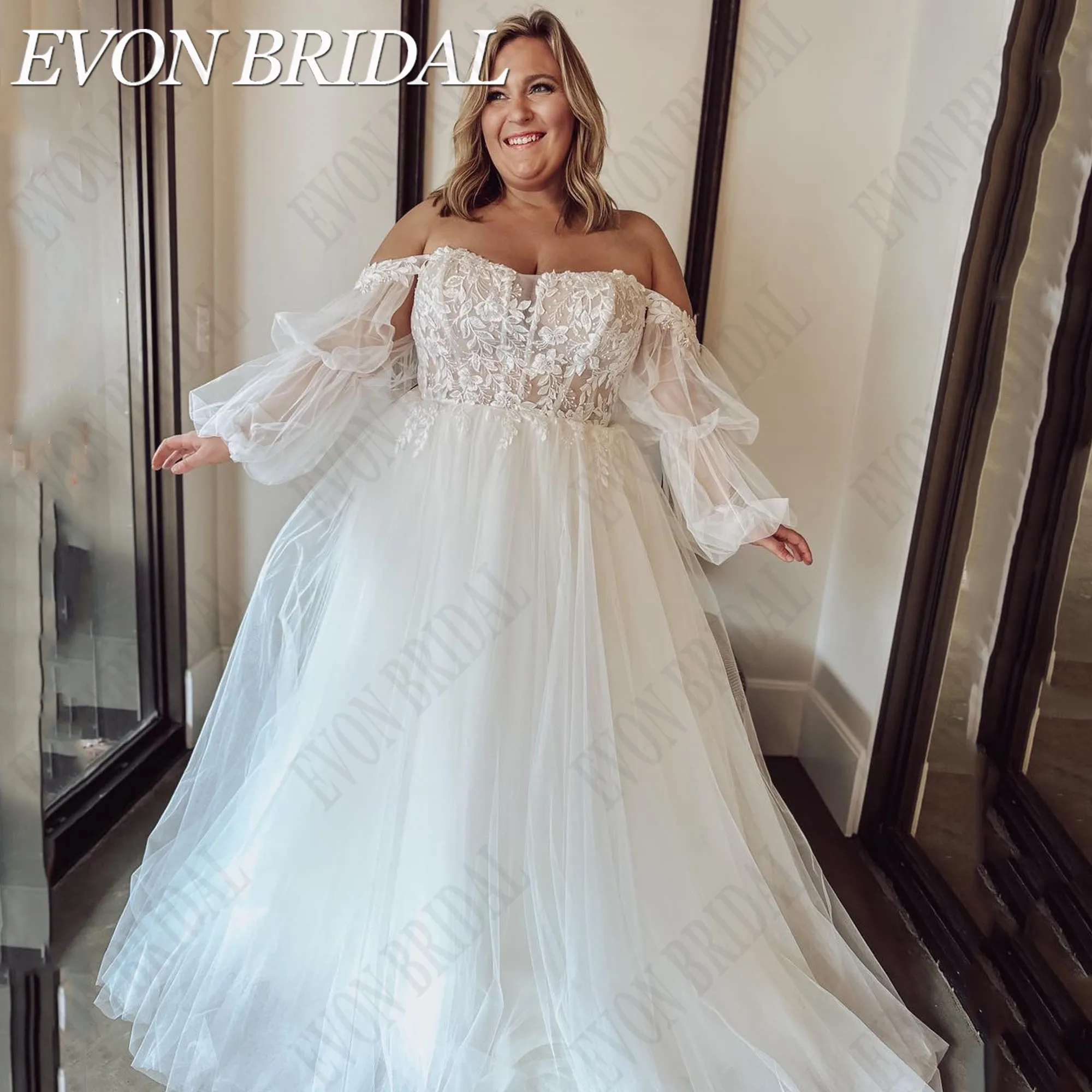 EVON BRIDAL-Robe de Mariée en Dentelle Sans Bretelles, Manches Bouffantes, Ligne A, Dos aux, Applique, Patients Personnalisés, Quelle que soit, Grande TailleEvon Bridal bretelles dentelle robe de mariée plus size Brida