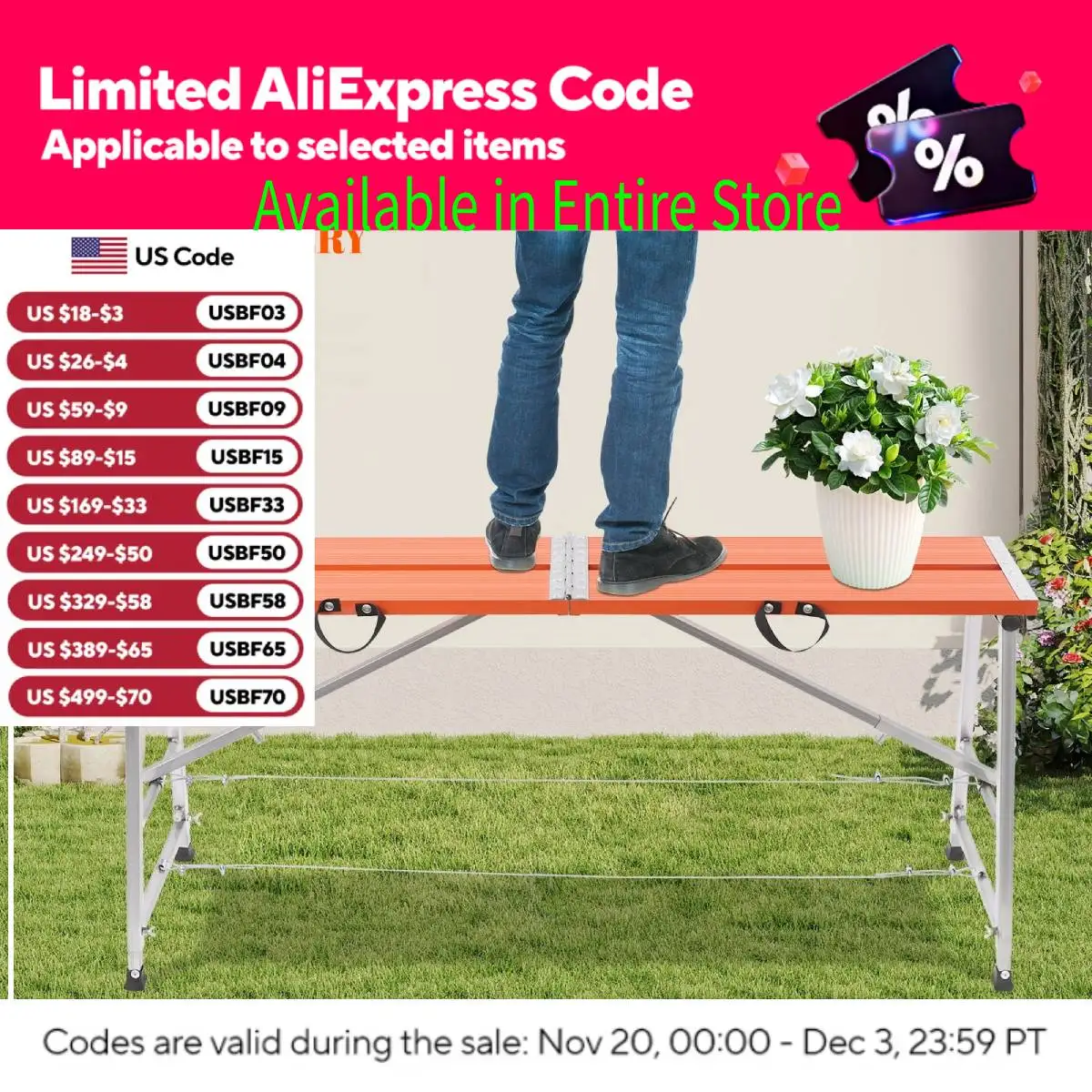 

Folding Work Platform, 330lbs Capacity, 5-Level Adjustable Height, 59"×11" Aluminum Portable Scaffolding Ladder for Construction