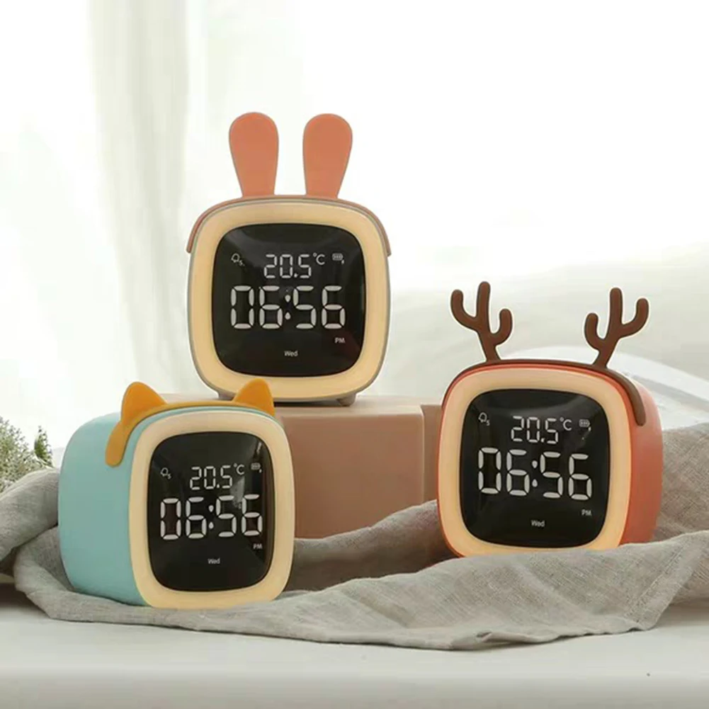 Cartoon Rabbit Deer Ear Alarm Clock Rechargeable Digital Display LED Nigh Light Table Clock Wall Clock Living Room LED Clock