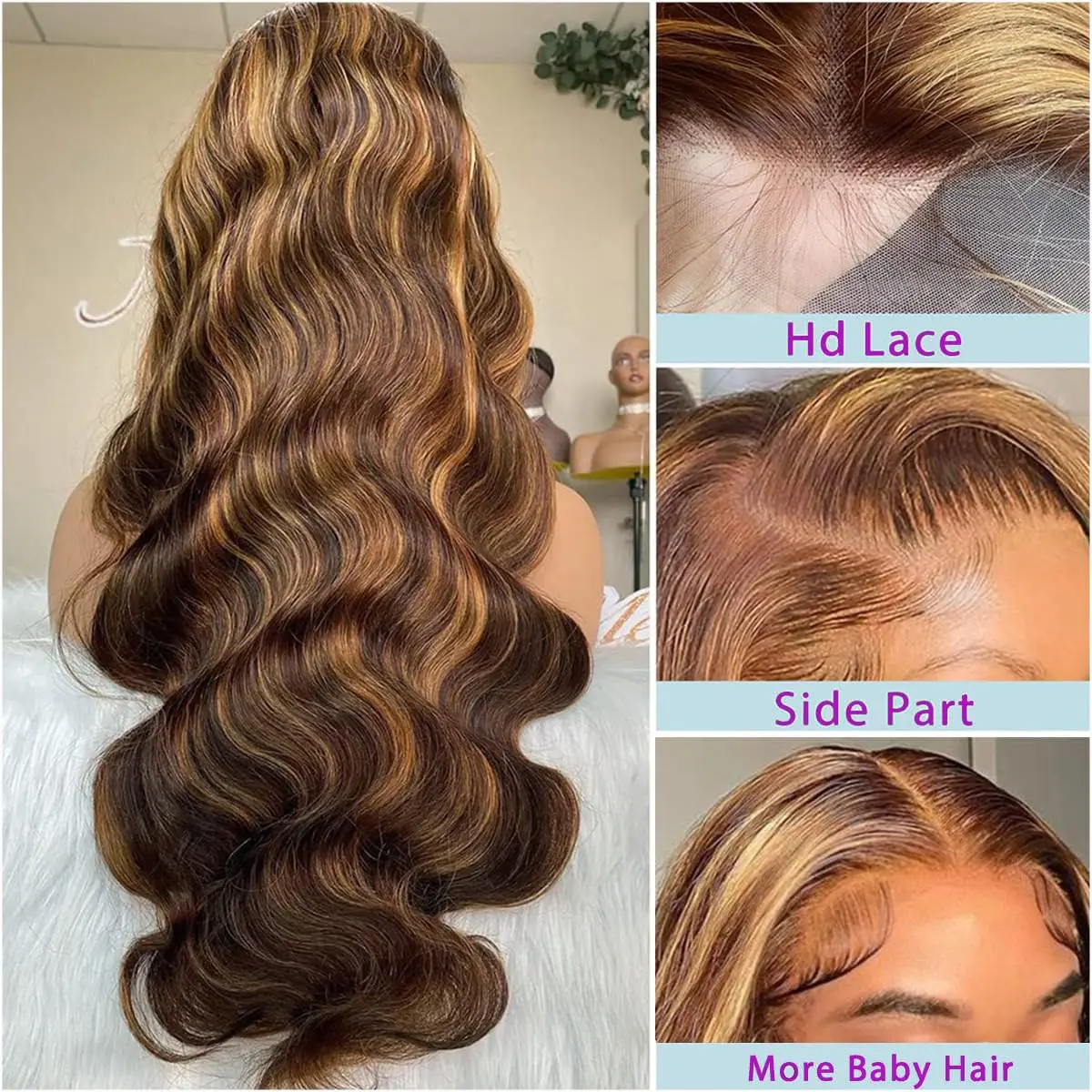 28 بوصة تسليط الضوء على أومبير العسل شقراء 13x4 HD الدانتيل شعر مستعار أمامي شعر الإنسان قبل قطعها الجسم موجة الباروكات الأمامية 200% الكثافة 4/27