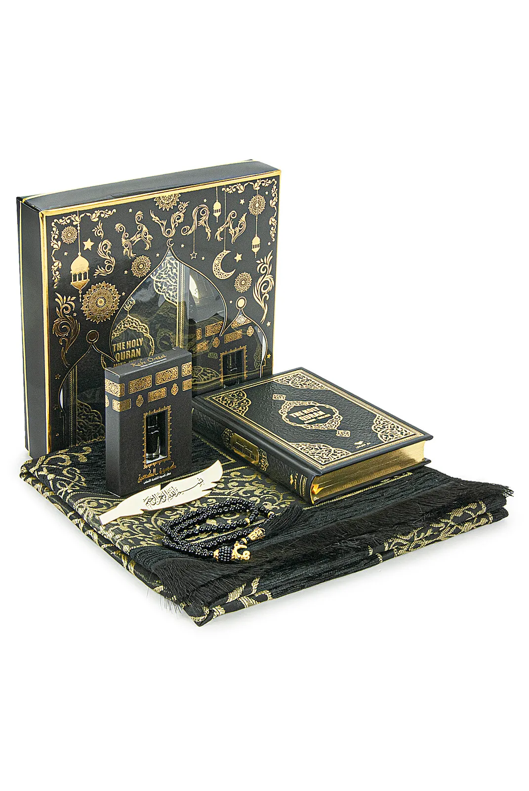 6 Piece English Translation Medina Calligraphy Quran and Prayer Mat Set Ravza Scent Carpet Rug Bookmark Prayer Beads Muslim Kabe