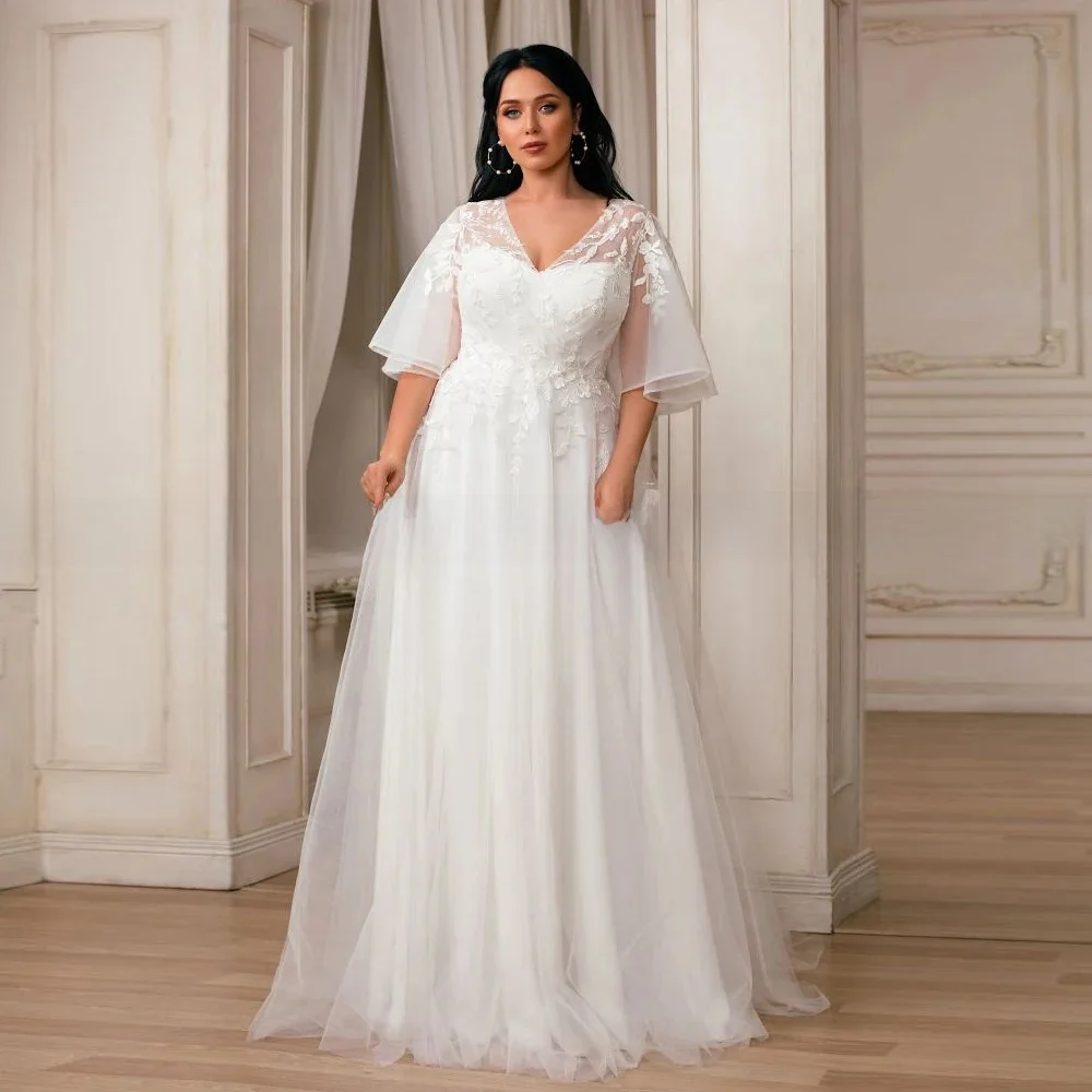 Romantische Prinses Trouwjurken Grote Maat Aangepaste Vleermuismouwen V-hals Tule Een Lijn Sweep Trein Bruidsjurk Abito Sposa - afbeelding 2